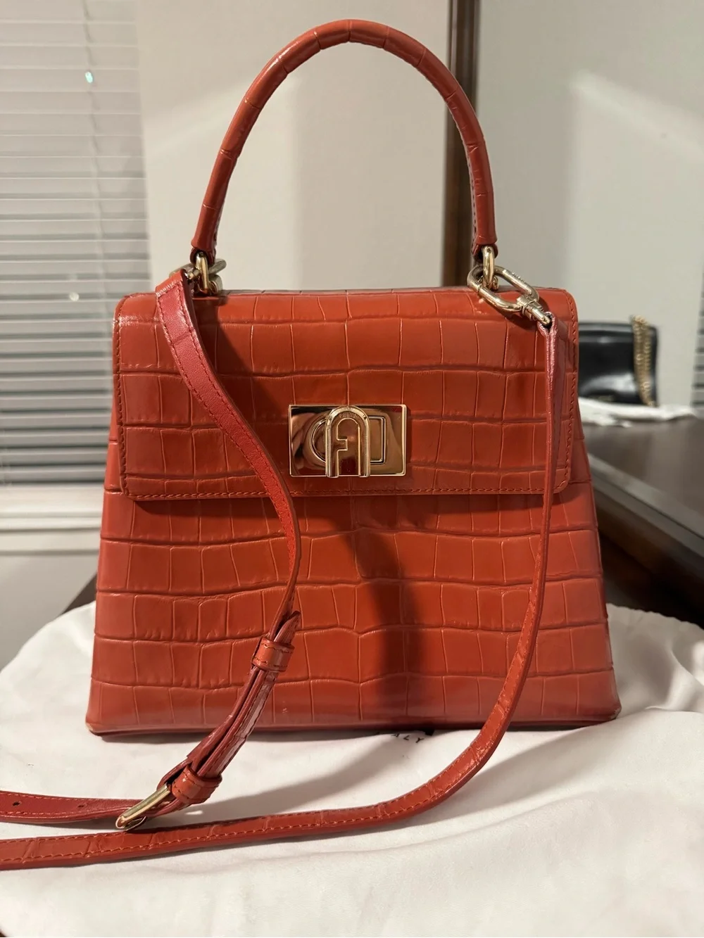 Furla 1927 Croc-Embossed Top Handle Crossbody in Coral
